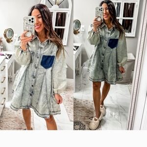 Denim Button-Up Dress with Blue Pocket